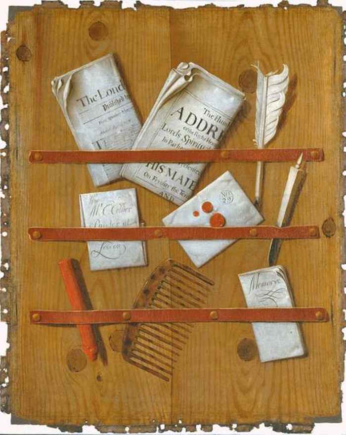 A Trompe l’Oeil of Newspapers, Letters and Writing Implements on a Wooden Board